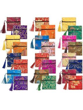 24pc Silk Brocade Coin Purse Set | Embroidered Jewelry Bags & Zipper Wallets